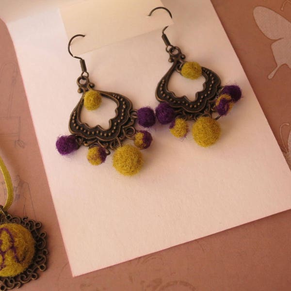 Green-purple chandelier earrings, needle felted wool & metal jewelry, gift for her, tender pay attention for girlfriend, charming complement