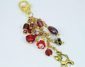 Bag charm beaded purse planner charm fob red beads gold cat charm gift idea