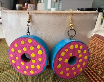 Wooden round earrings. Different pattern on each side