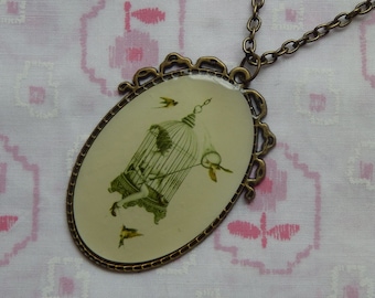 Vintage Lady Stuck in a Birdcage Catching Birds Cameo Antique Brass Pendant Necklace