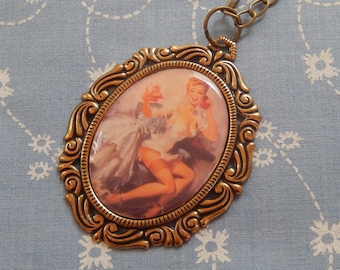 Pin Up Girl On The Telephone Cameo Antique Brass Pendant Necklace