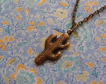 Antique Brass Plate Cactus Pendant Necklace