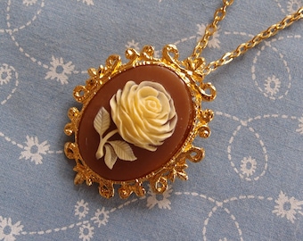 Gold Plated Brown Rose Cameo Pendant Necklace