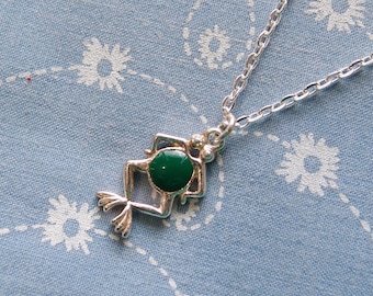 Silver Plated Green Happy Frog Pendant Necklace