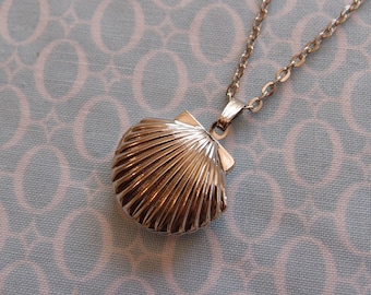 Antique Plated Seashell Locket Pendant Necklace