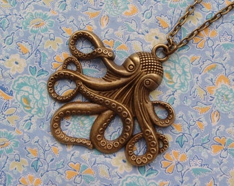 Antique Brass Plated Octopus Pendant Charm Necklace