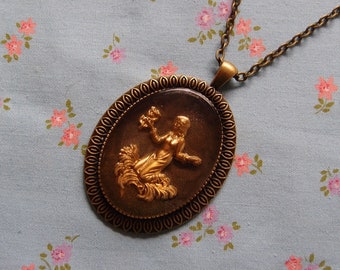 Lady in Prayer Cameo Antique Brass Plated Pendant Necklace