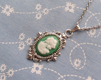 Petite Detailed Antique Silver Plated Cameo Pendant Necklace