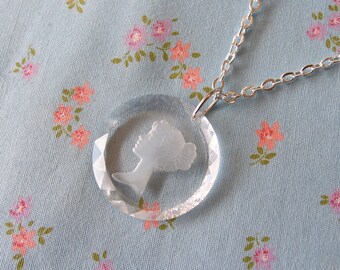 Clear Crystal Cameo Pendant Necklace with Silver Plated Chain