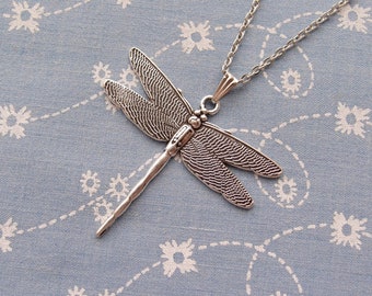 Antique Silver Plated Dragonfly Pendant Necklace
