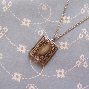 Antique Silver Plated Little Book Locket Pendant Necklace