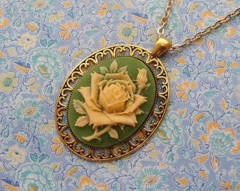 Gold Plated Flower Rose Cameo Pendant Necklace