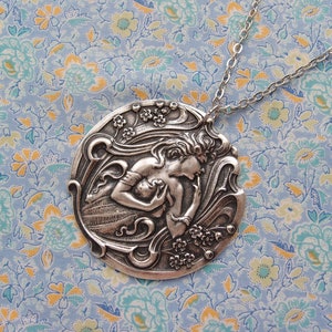 Huge Silver Plated Maiden in the Forest Pendant Necklace