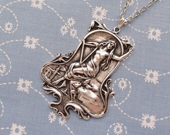 Maiden Playing a Harp by the Seaside Pendant Necklace