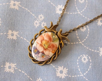 Antique Brass Plated Two Birds Setting with Floral Cameo Pendant Necklace