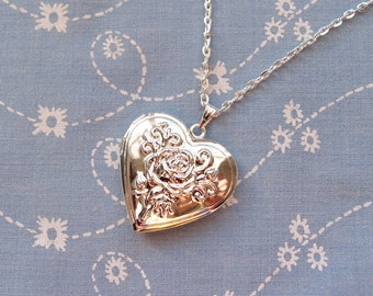 Silver Plated Rose Heart Locket Pendant Necklace