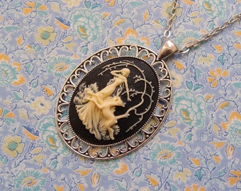 Antique Plated Maiden and Deer in the Woods Cameo Pendant Necklace