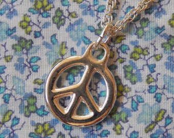 Silver Plated Small Peace Sign Pendant Necklace