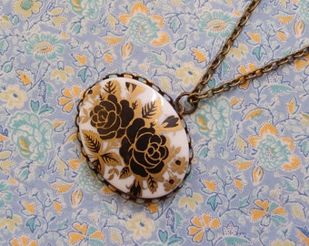 Black and Gold Roses Cameo set into Antique Brass Pendant Necklace