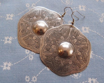 Huge Antique Silver Plated Circle Drop Earrings