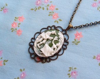 Green Cameo Serenade Scene Pendant Necklace