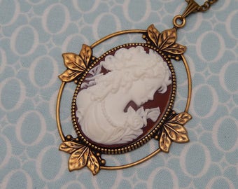 Vintage Curly Hair Cameo Antique Brass Plate Leafy Setting Necklace
