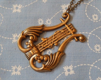Large Antique Brass Harp Pendant Necklace