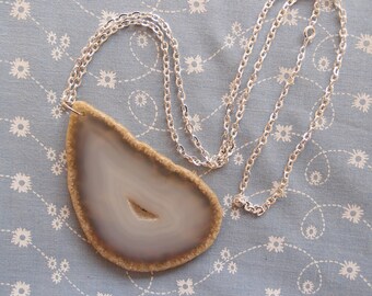 Grey Agate Slice Pendant with Silver Plated Necklace