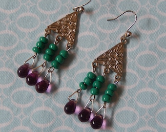 Antique Silver Plated Triangle Drop Earrings with Aqua and Purple Beads