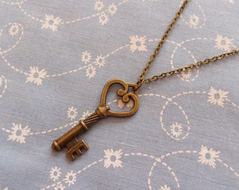 Antique Brass Plated Heart Key Pendant Necklace