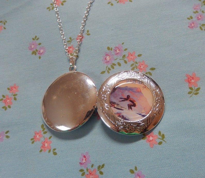 Round Silver Plated Lone Surfer Locket Pendent Necklace image 5