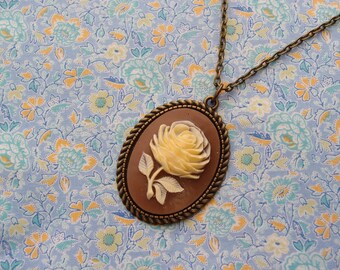 Gold Plated Flower Rose Cameo Pendant Necklace