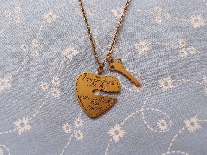 Antique Brass Unlock My Heart and Key Pendant Necklace image 2