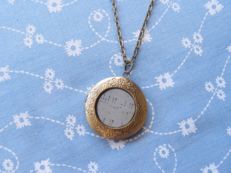 Round Antique Brass Plated Music Notes Locket Pendant Necklace image 2