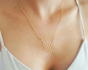 Geometric Honeycomb Necklace, Hexagon Gold Necklace, Statement Jewelry, Geometric Jewelry, Cool Necklace, Friendship Necklace, Gift Under 25
