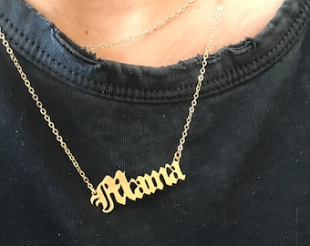 Gold Mama Necklace, Old English Mom Charm Necklace, Gothic Initial Mom Gift, Mom Jewelry, Gold Necklace, Handmade