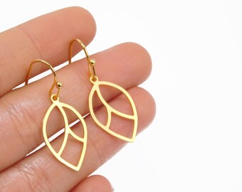 Leaf hook Earrings, Nature Earrings, Leaves Gold Earrings, Gold Statement Jewelry, Minimalistic Geometric Jewelry, Gift Under 25