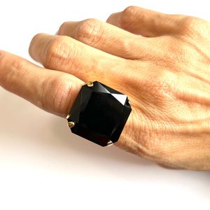 Czech Black Crystal Wide Band Statement Ring In Silver Brass or Gold plated