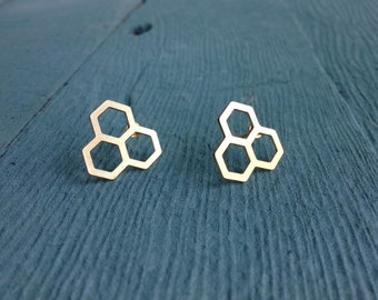 Honeycomb Stud Earrings, Bee Hive Earrings, Hexagon Gold Earrings, Gold Statement Jewelry, Minimalistic Geometric Jewelry, Gift Under 25