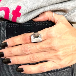 Czech Crystal Rectangle Wide Band Statement Ring In Silver Brass or Gold plated