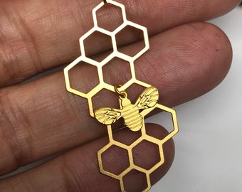 Honeycomb Beehive Necklace, Hexagon Gold Necklace, Love Bee, Friendship Necklace