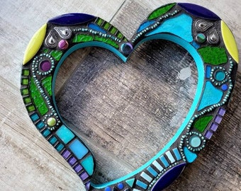 CUSTOM MOSAIC HEART outline, stained glass heart, funky design, unique gift, wedding gift, wall decor, blue & green