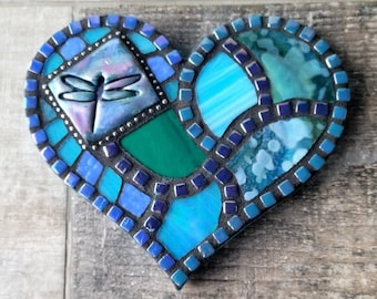 MOSAIC DRAGONFLY HEART, Custom Mosaic, Blue Purple Green & Turquoise, Wedding Gift, Birthday Gift, Unique Wall Decor,