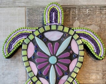 BEAD MOSAIC TURTLE, Pink, Green & Purple, Bohemian, Custom Mosaic, Birthday Gift, Wedding Gift, Unique Wall Decor, Turtle Lover