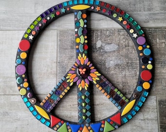 MOSAIC PEACE SIGN, Custom mosaic art,  16 inch, bohemian decor, unique gift, wedding gift, wall decor, Hippie, Peace Art