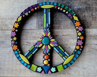 MOSAIC PEACE SIGN, Custom mosaic art,  12 inch, bohemian decor, unique gift, wedding gift, wall decor, Hippie, Peace Art