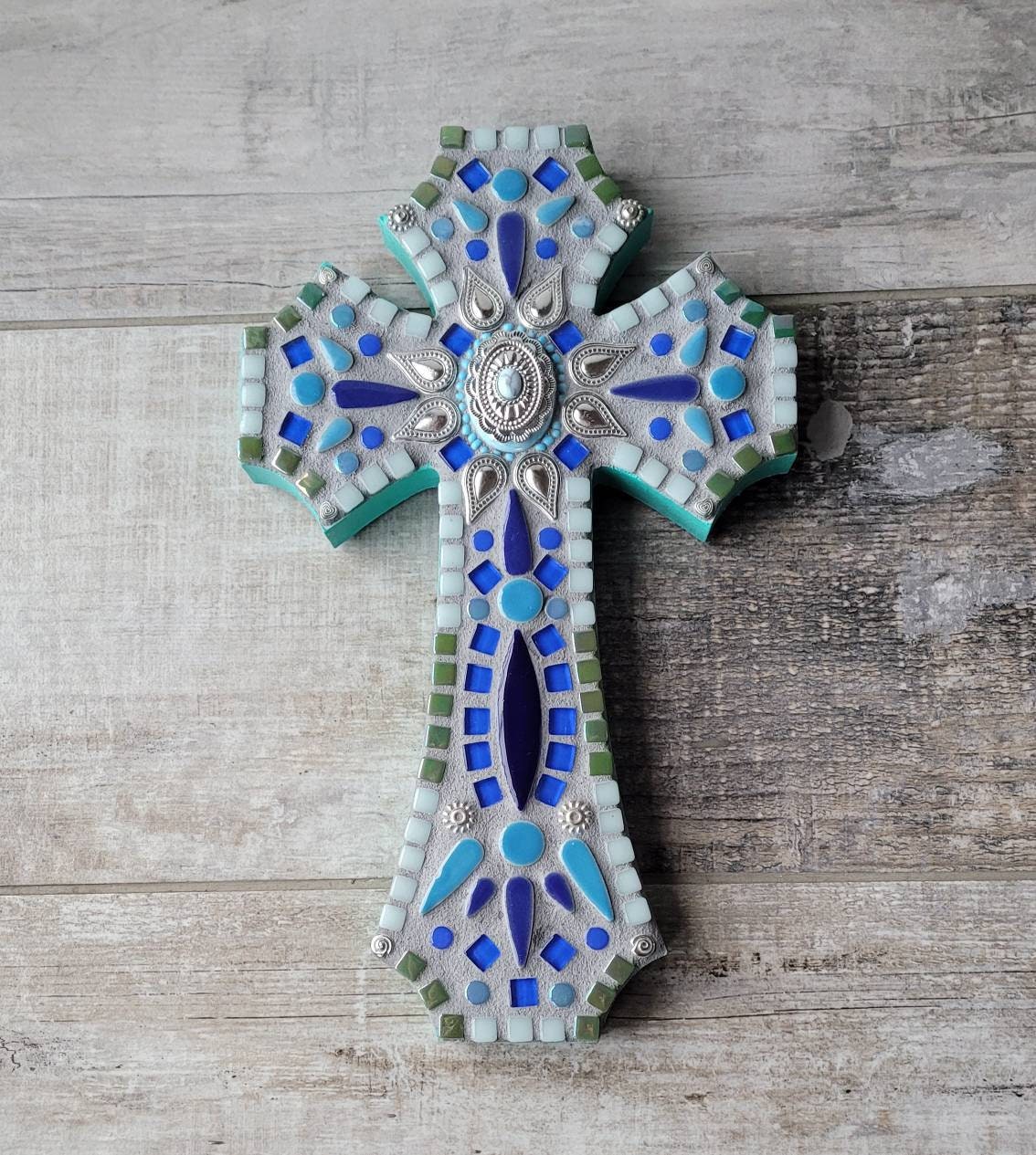 Large Mosaic Cross - Blue & Seafoam, Silver Embellished Crucifix