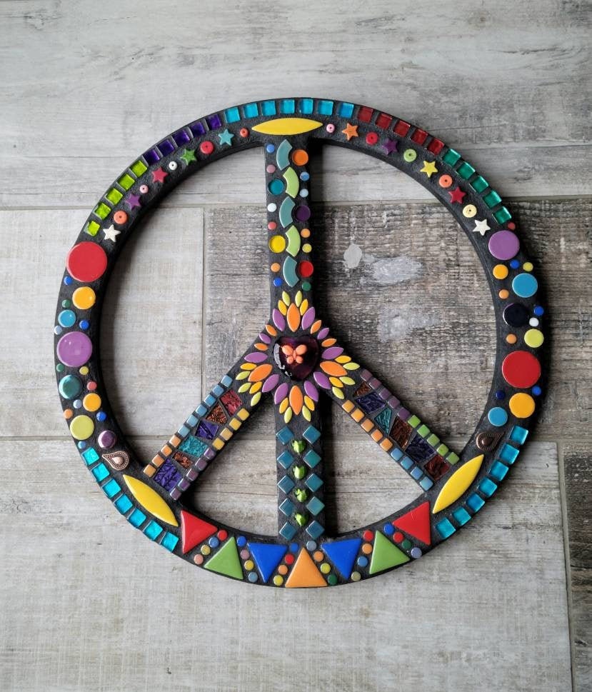 MOSAIC PEACE SIGN, Custom mosaic art,  16 inch, bohemian decor, unique gift, wedding gift, wall decor, Hippie, Peace Art