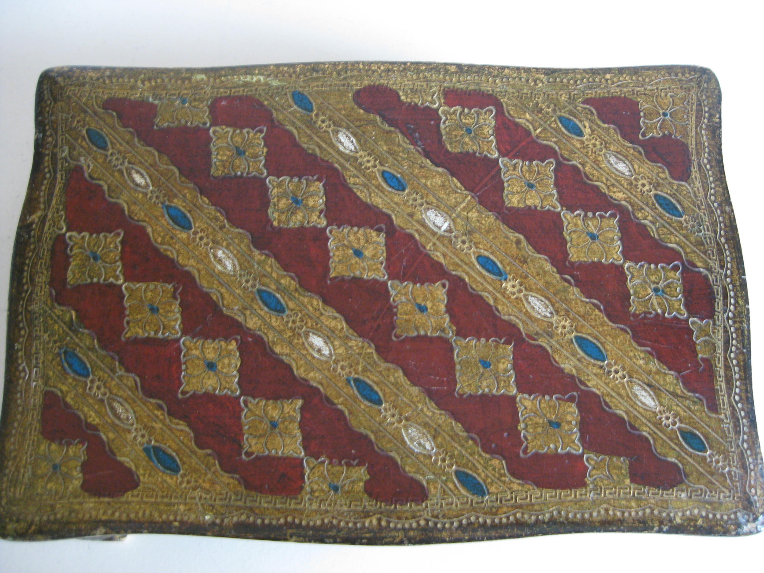 Boîte Florentine Italienne en Bois de Cru Or avec Le Rouge, Bleu et Blanc.