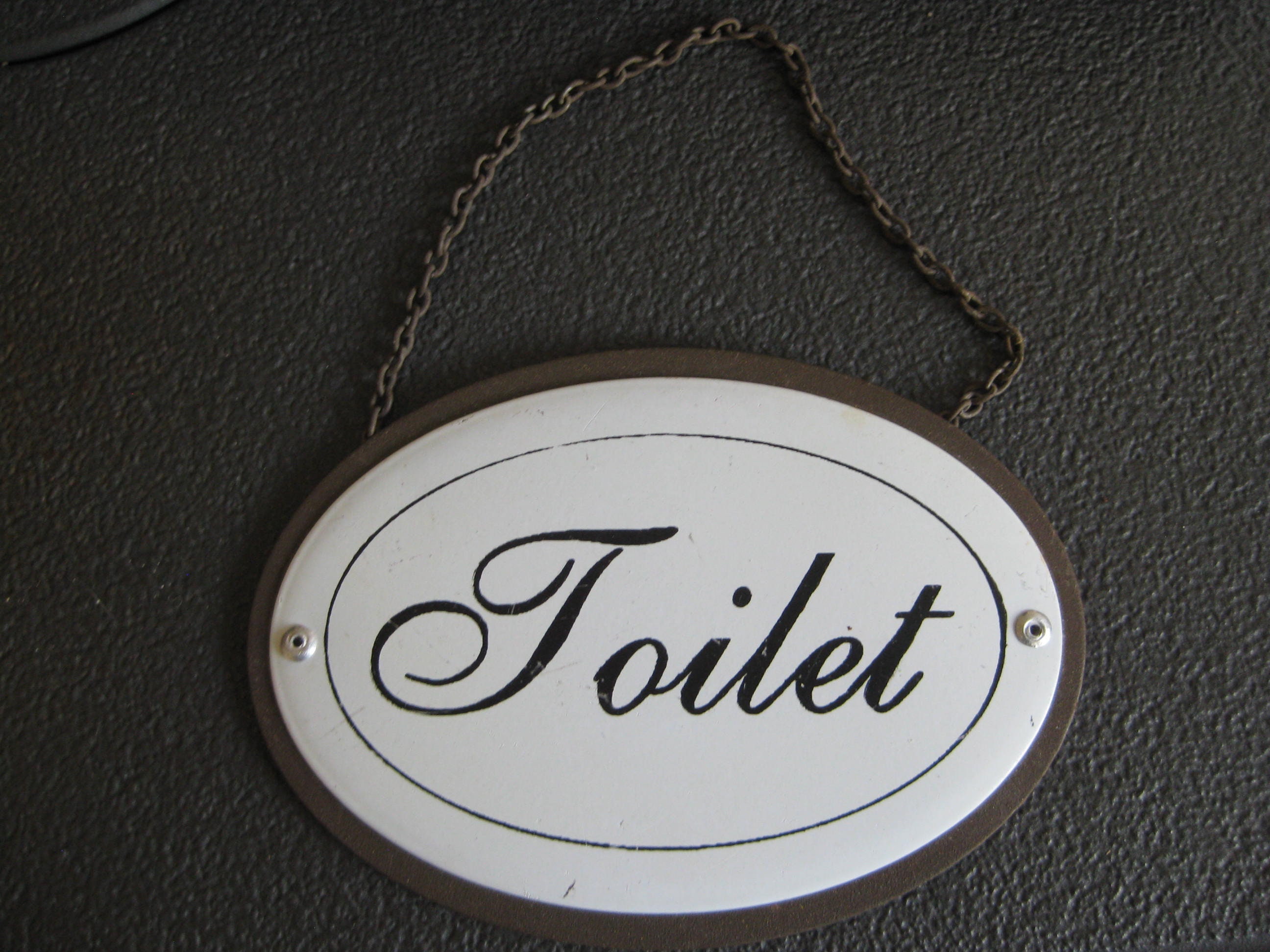 Vintage Français Plaque Signalétique Toilette en Métal Blanc avec Des Lettres Noires et Un Collier.